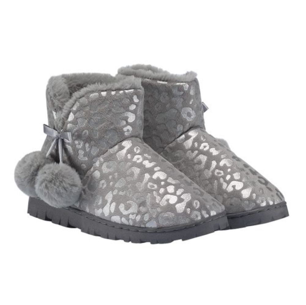 Avon Gray Foil Leopard Printed Slipper Booties Size XL (11-12)